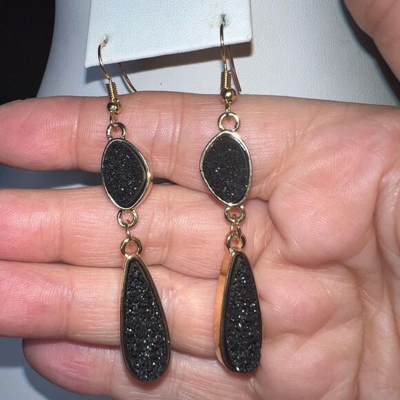 Black Druzy and Gold Tone Double Drop Earrings - Picture 3 of 7